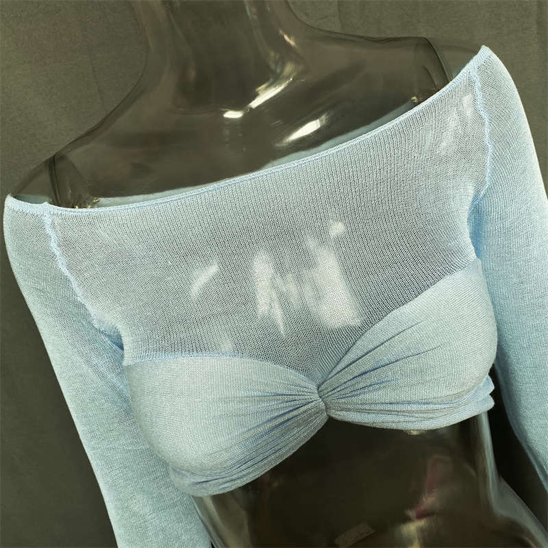 Women's Clothes Off Neck See Through Short Top Long Sleeve Sexy Top Fashion - 图片 13