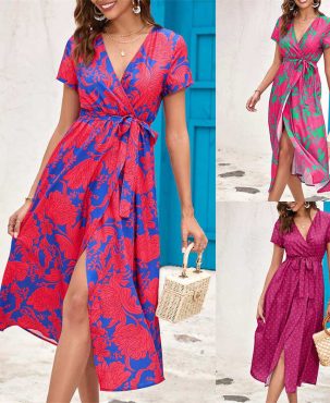 Women's Clothing Dress Summer Floral Print Slit V-neck Mid-Length Dress