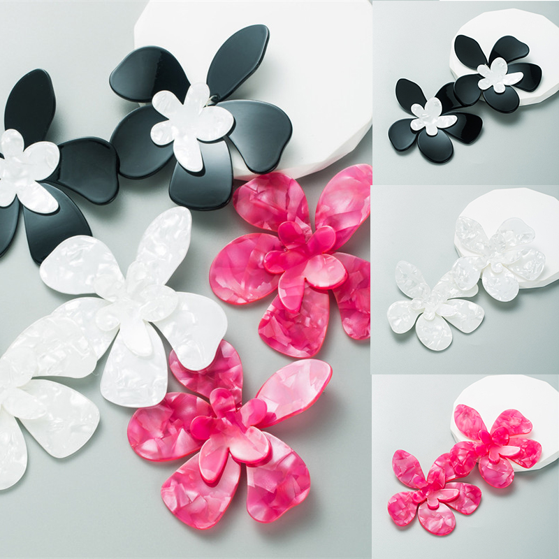 Trendy Unique Acrylic Stitching Flower Earrings Exaggerated Earrings Female Retro Graceful - Image 9