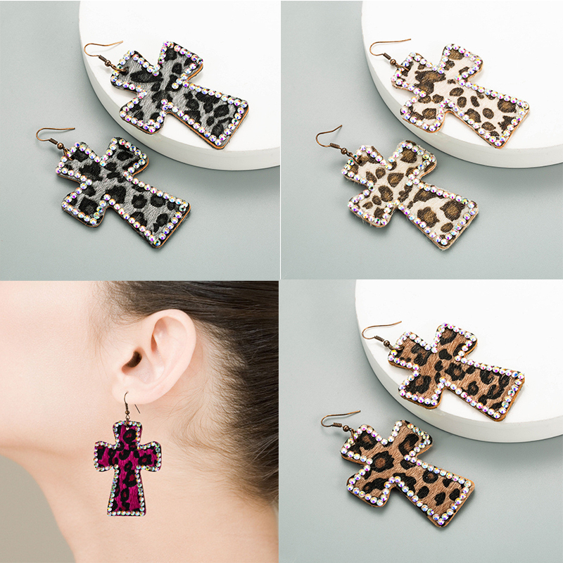 Cross-Shaped Duplex Printing Leopard Print Earrings Genuine Leather Retro Ins Earrings - 图片 13