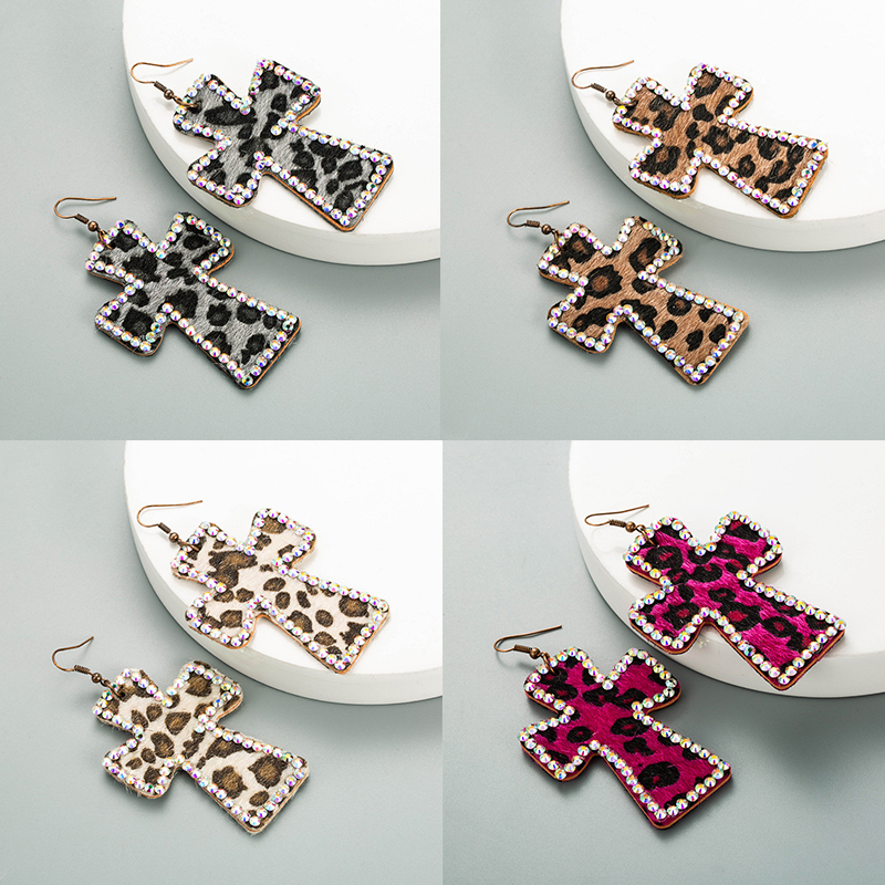 Cross-Shaped Duplex Printing Leopard Print Earrings Genuine Leather Retro Ins Earrings - 图片 12