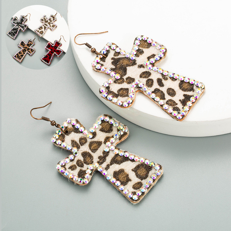 Cross-Shaped Duplex Printing Leopard Print Earrings Genuine Leather Retro Ins Earrings - 图片 11