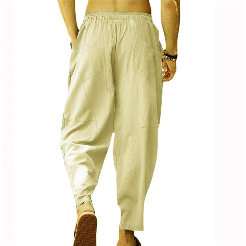 Mens Casual Cotton Linen Baggy Trousers Wide Leg Elastic Waist Loose Harem Pants - 图片 9