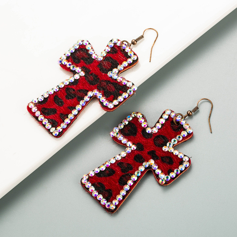 Cross-Shaped Duplex Printing Leopard Print Earrings Genuine Leather Retro Ins Earrings - 图片 4