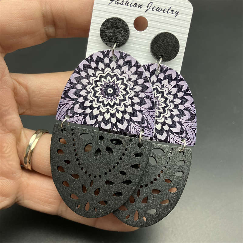 European and American Retro Wooden Dangle Earrings Printed Hollow Jewelry Earrings - 图片 12