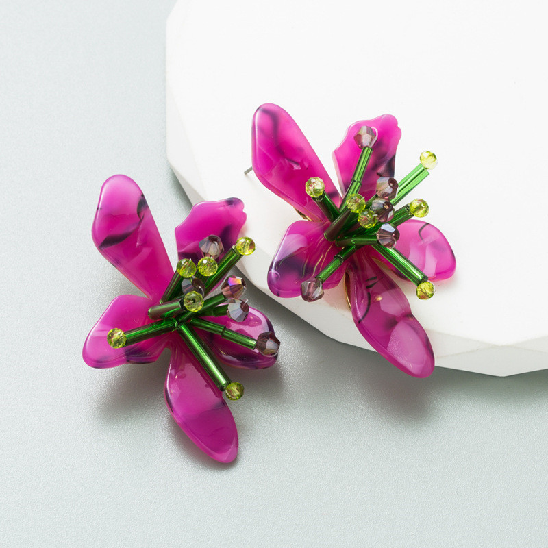 Colorful Acrylic Flower Earrings Exaggerated Hand-Woven Petal Ear Accessory - 图片 4