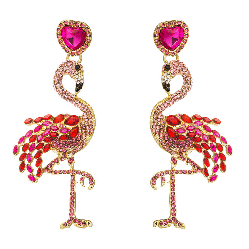 Flamingo Earrings Women's Long Rhinestone Earrings Retro Exaggerated Alloy Earrings - 图片 4