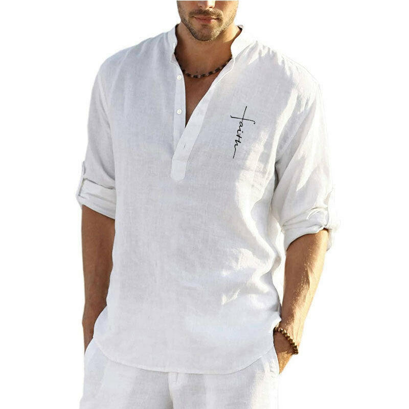 Mens Short Sleeve Linen Shirts Summer Solid Loose Casual Dress Shirt Blouse Tops - 图片 4