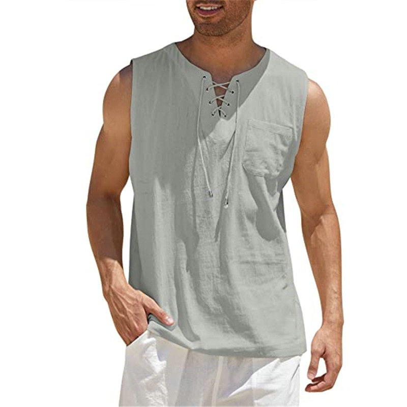 2024 Cross-Border Amazon Hot Sale New Men's Vest Shirt Lace-up Fashion Solid Color Cotton Linen Short Sleeve T-shirt - 图片 12