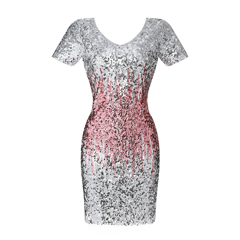 Women's Fashion Nightclub Party Sequined Hip Skirt Sexy Slim V-neck Short Sleeve Beaded Dress - Image 9