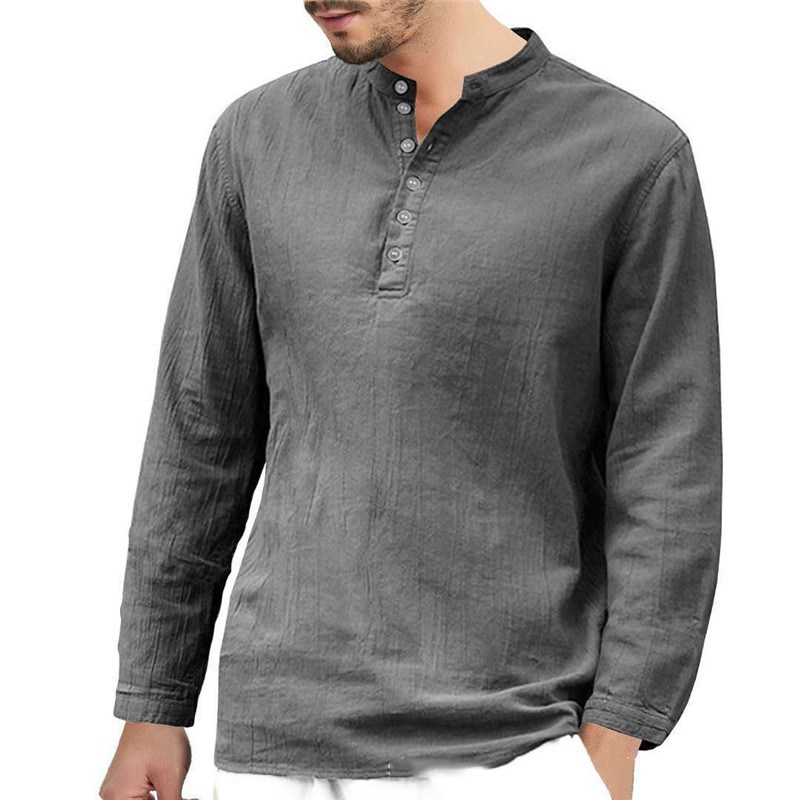 Men's Linen T-shirt Long Sleeve Casual Grandad Shirts Loose Blouse Tops Formal - 图片 6