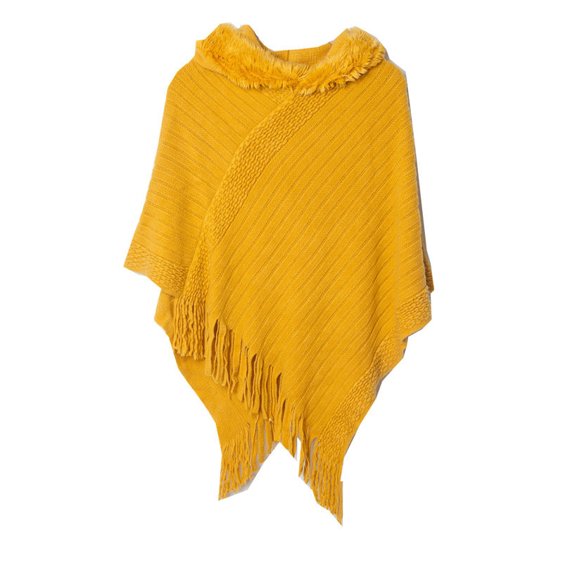 Shawl Ladies Autumn and Winter Solid Color Striped Tassel Hooded Cloak Keep Warm - 图片 12