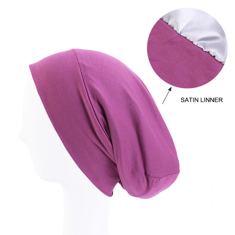 Elastic Cotton Sleeve Cap Pile Cap Satin Lining Double Layer Nightcap Shower Cap - 图片 10