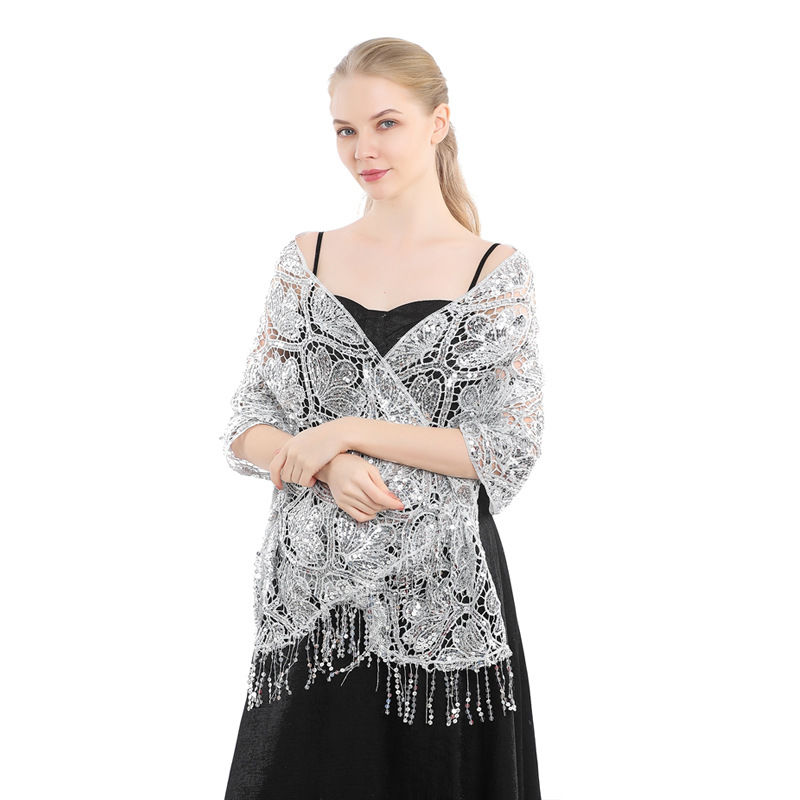 Elegant Sequined Tassel Shawl Dress Cheongsam Outerwear Shawl Sequined Shawl - 图片 10