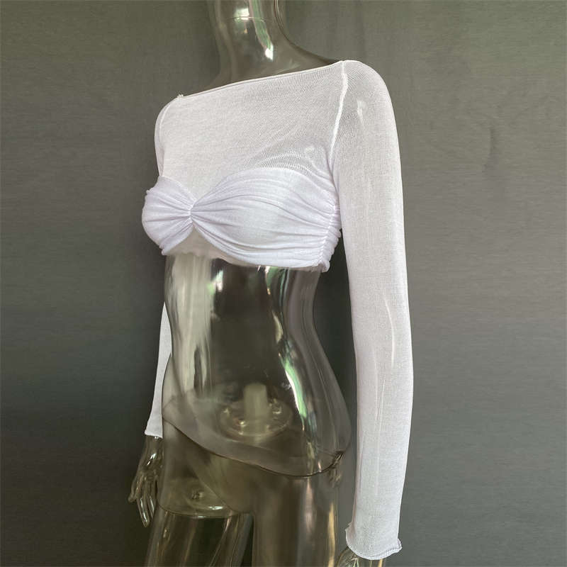 Women's Clothes Off Neck See Through Short Top Long Sleeve Sexy Top Fashion - 图片 14