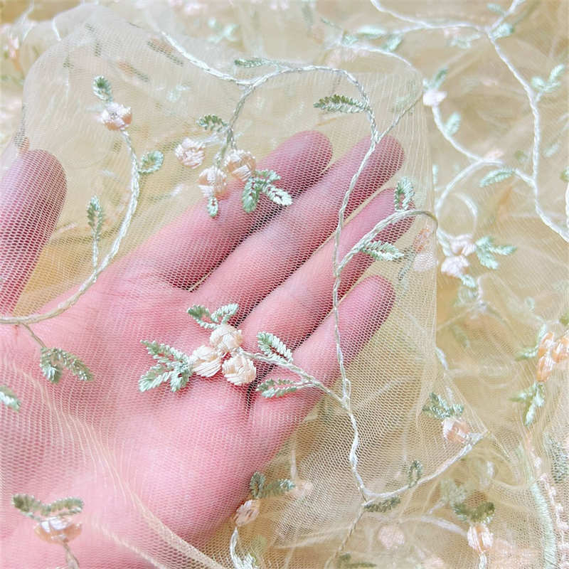 Flower Embroidery Tulle Fabric Soft Beige Lace Embroidery Lining DIY Clothing Fabric - Image 3