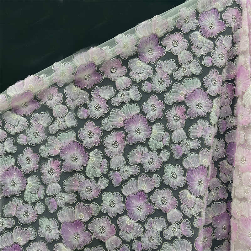 3D Flower Heavy Industry Embroidery Pearl Fabric DIY Lace Bead Mesh Fabric - 图片 7