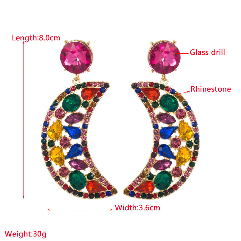 Fashion Crescent Alloy Colorful Crystals Eardrops Moon Earrings Female 925 Silver Needle - Image 6