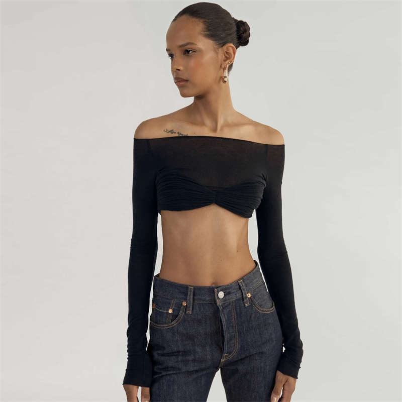 Women's Clothes Off Neck See Through Short Top Long Sleeve Sexy Top Fashion - 图片 6