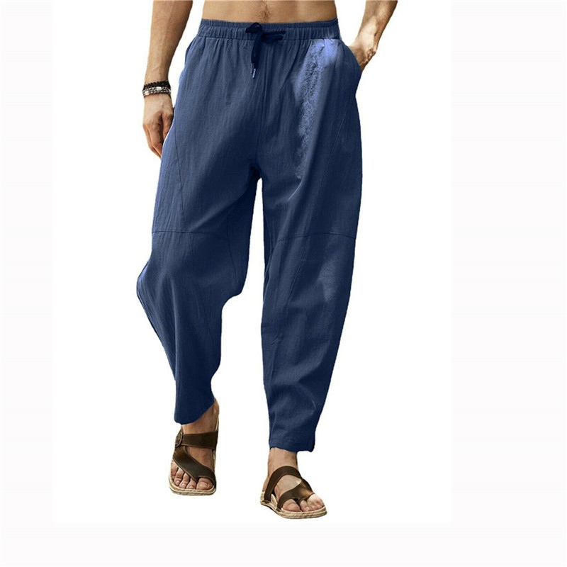 Mens Casual Cotton Linen Baggy Trousers Wide Leg Elastic Waist Loose Harem Pants - 图片 10