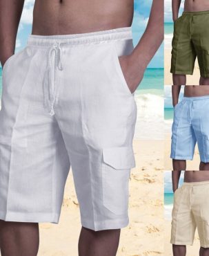 UK Mens Cotton Linen Shorts Elastic Waist Drawstring Summer Loose Casual Pants