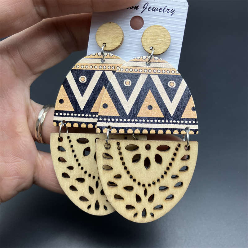 European and American Retro Wooden Dangle Earrings Printed Hollow Jewelry Earrings - 图片 13