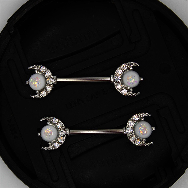 Opal Moon Breast ring body piercing jewelry crescent Moon Nipple Bar Barbell 1.6mm x 14mm