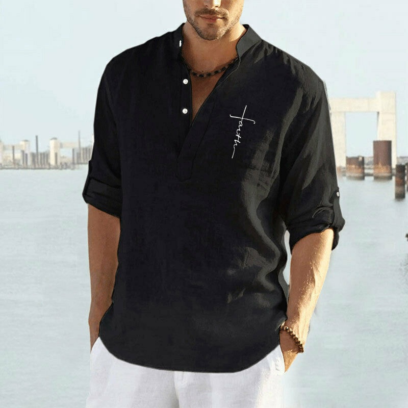 Mens Short Sleeve Linen Shirts Summer Solid Loose Casual Dress Shirt Blouse Tops - 图片 5
