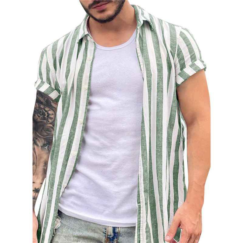 Mens Striped Short Sleeve Linen Style Shirts Casual Fit Formal Dress Top Shirt - Image 8