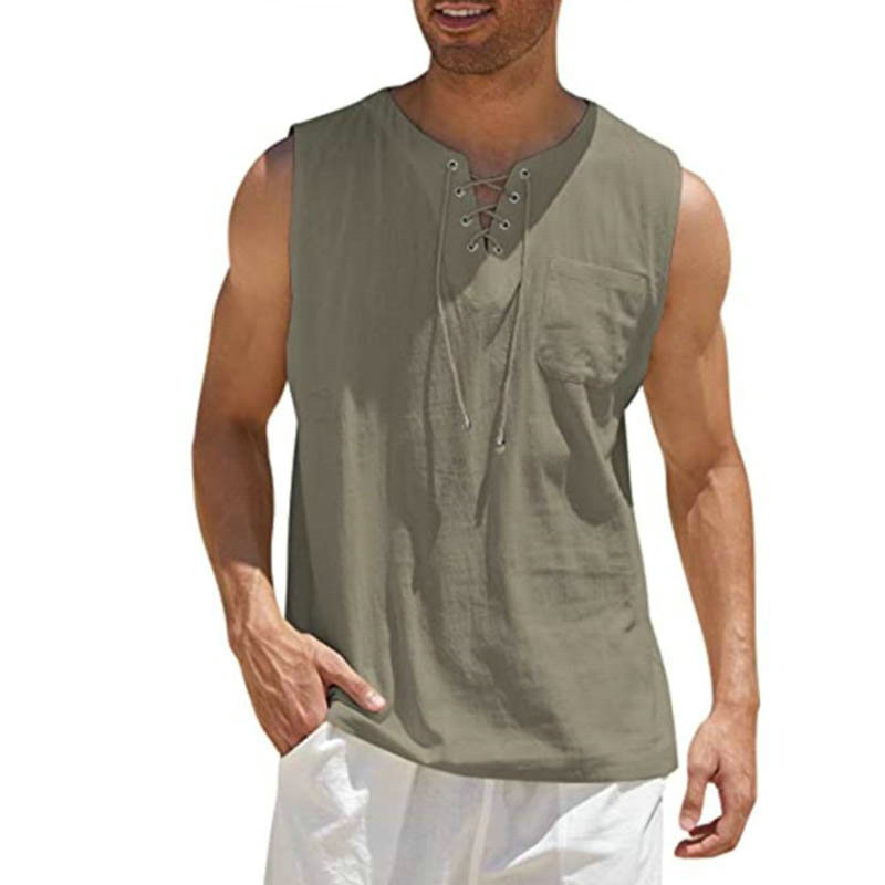 2024 Cross-Border Amazon Hot Sale New Men's Vest Shirt Lace-up Fashion Solid Color Cotton Linen Short Sleeve T-shirt - 图片 13