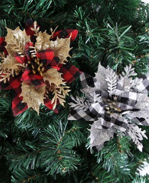 6PC 14CM Gold Powder Plaid Christmas Flower Christmas Tree Decor Flower Christmas Artificial Flower