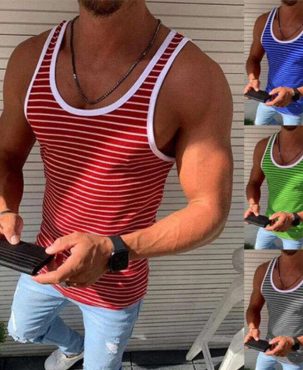 Mens Stripe Sports Gym Fitness Sleeveless Vest Bodybuilding Muscle Top Shirt UK