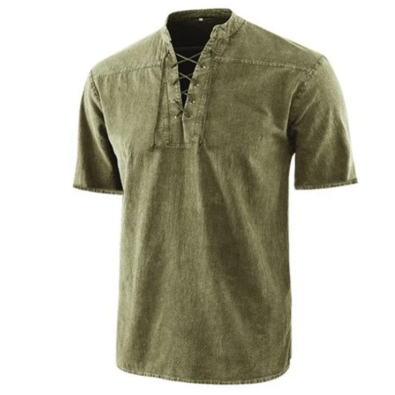 Mens V Neck Short Sleeve Plain Muscle Shirts Tops Casual Lace up T Shirt Blouse - Image 6