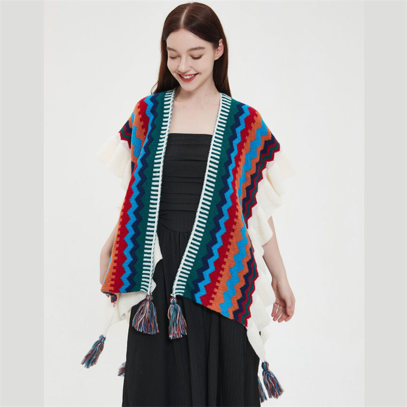 Autumn and Winter Ethnic Style Tourism Hanging Cloak Color Knitted Women's Split Shawl - Image 9