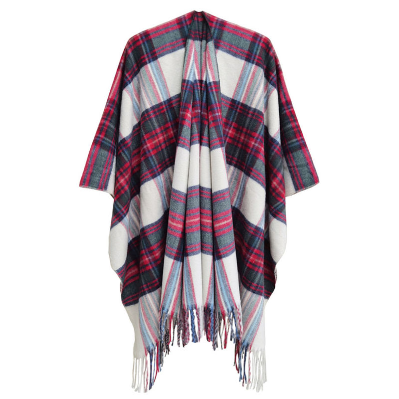 Autumn and Winter Women's Split Cloak Thickened Plaid Bristle Tassel Shawl - Image 13