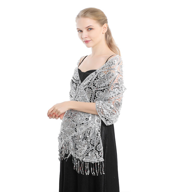 Elegant Sequined Tassel Shawl Dress Cheongsam Outerwear Shawl Sequined Shawl - 图片 11