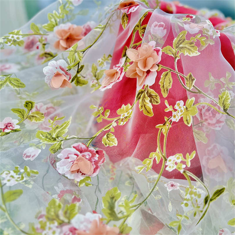 3D Handmade Flower Fabric Organza Printing Branch Embroidered Fabric Lace DIY Fabric - 图片 4