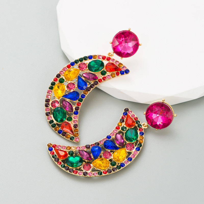 Fashion Crescent Alloy Colorful Crystals Eardrops Moon Earrings Female 925 Silver Needle - Image 7