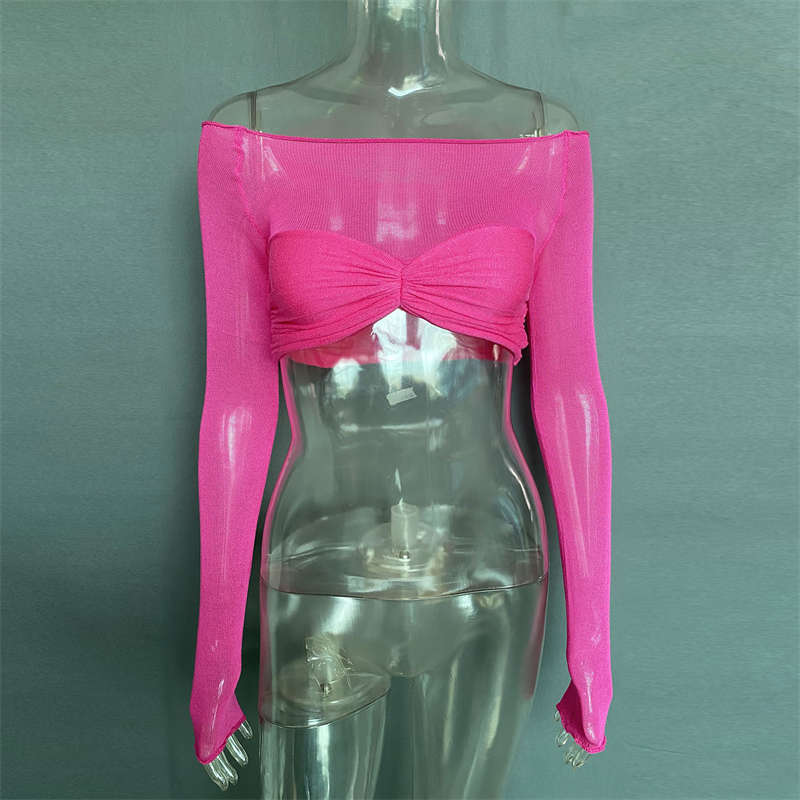 Women's Clothes Off Neck See Through Short Top Long Sleeve Sexy Top Fashion - 图片 15