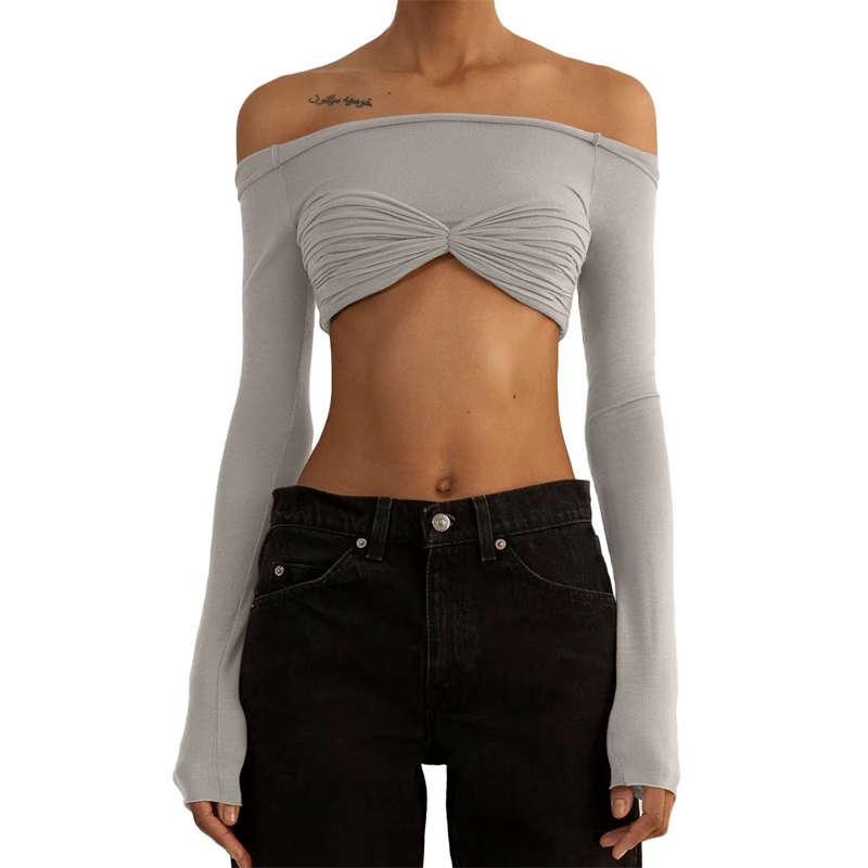 Women's Clothes Off Neck See Through Short Top Long Sleeve Sexy Top Fashion - 图片 16