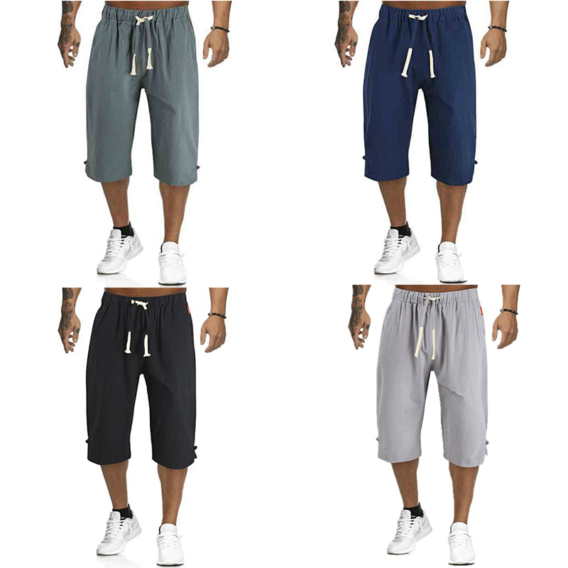 Mens 3/4 Long Length Shorts Casual Loose Elastic Waist Linen Capri Sport Pants - Image 29