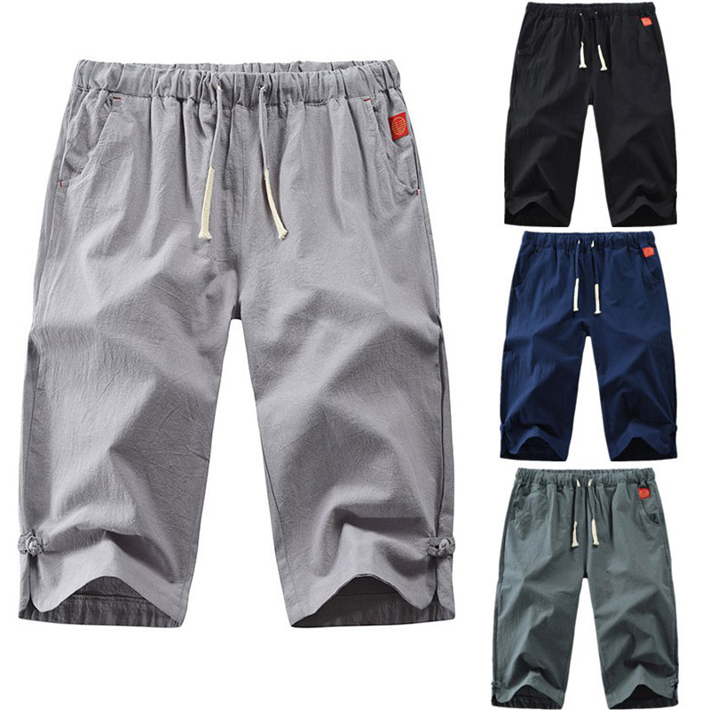 Mens 3/4 Long Length Shorts Casual Loose Elastic Waist Linen Capri Sport Pants - Image 19