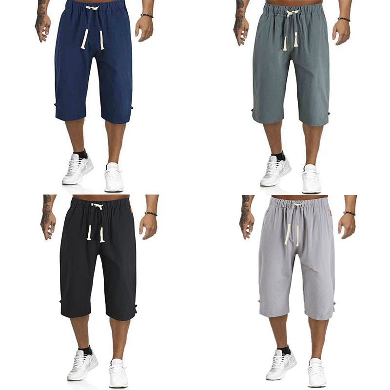 Mens 3/4 Long Length Shorts Casual Loose Elastic Waist Linen Capri Sport Pants - Image 26
