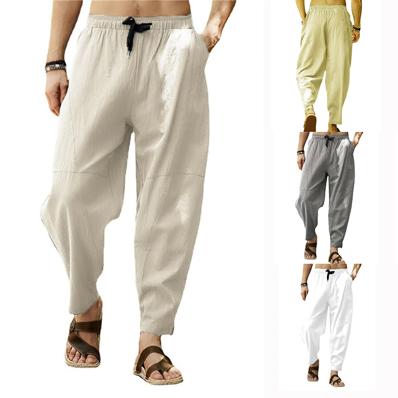 Mens Casual Cotton Linen Baggy Trousers Wide Leg Elastic Waist Loose Harem Pants - 图片 19