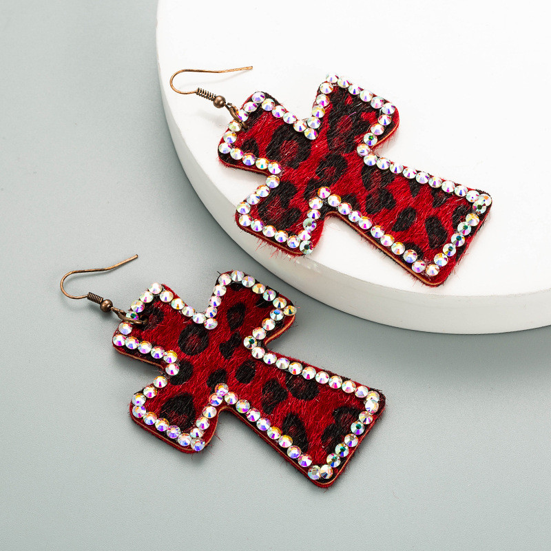 Cross-Shaped Duplex Printing Leopard Print Earrings Genuine Leather Retro Ins Earrings - 图片 6