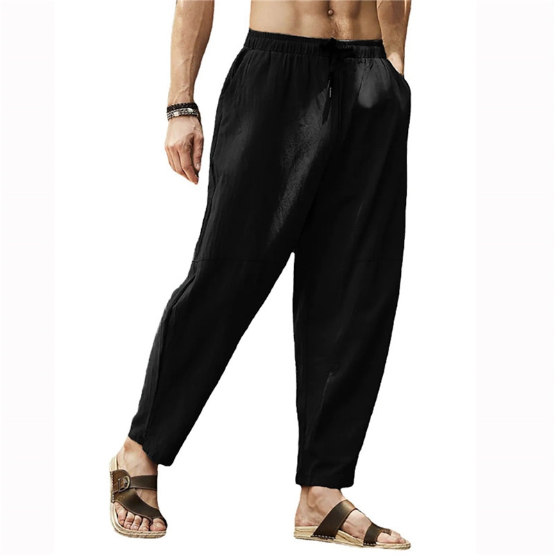 Mens Casual Cotton Linen Baggy Trousers Wide Leg Elastic Waist Loose Harem Pants - 图片 11