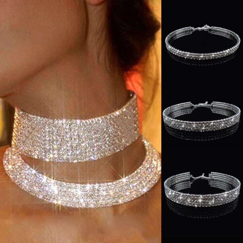 European American Harajuku Fashion and Fully-Jewelled Crystal Short Neck Band Clavicle Chain Neck Chain Gang Drill Choker Neckband Necklace Women Wholesale