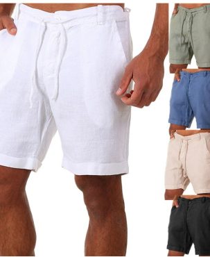 UK Mens Cotton Linen Shorts Elastic Waist Drawstring Summer Loose Casual Pants