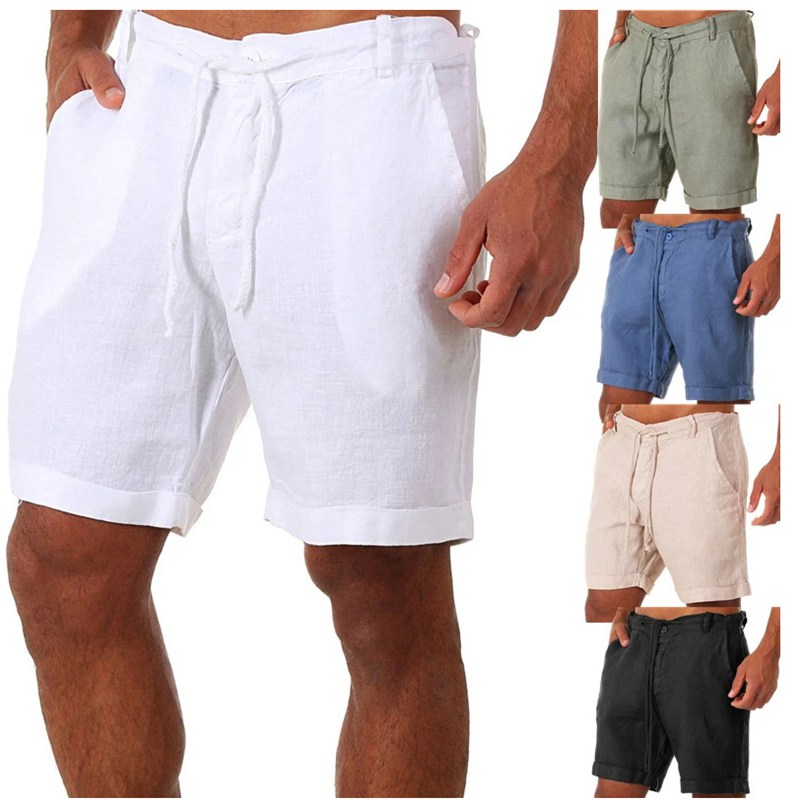 UK Mens Cotton Linen Shorts Elastic Waist Drawstring Summer Loose Casual Pants