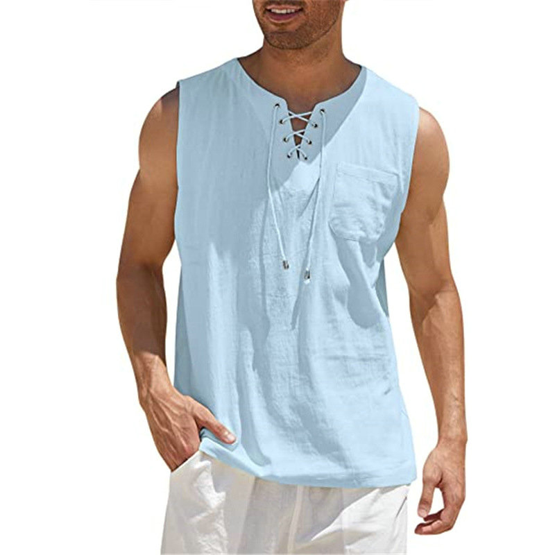 2024 Cross-Border Amazon Hot Sale New Men's Vest Shirt Lace-up Fashion Solid Color Cotton Linen Short Sleeve T-shirt - 图片 14